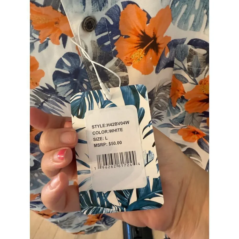 Havana Jim Men's White Blue Floral-Print Hawaiian Shirt Size L